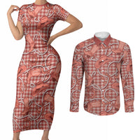 Red Hawaii Palaka Cowboy Couples Matching Short Sleeve Bodycon Dress and Long Sleeve Button Shirt Hawaiian Paniolo Festival Spirit LT19 Red - Polynesian Pride