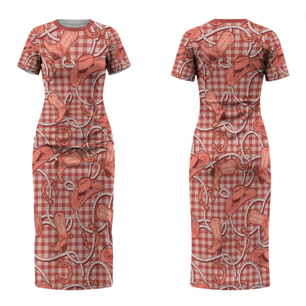 Red Hawaii Palaka Cowboy Couples Matching Short Sleeve Bodycon Dress and Long Sleeve Button Shirt Hawaiian Paniolo Festival Spirit LT19 - Polynesian Pride