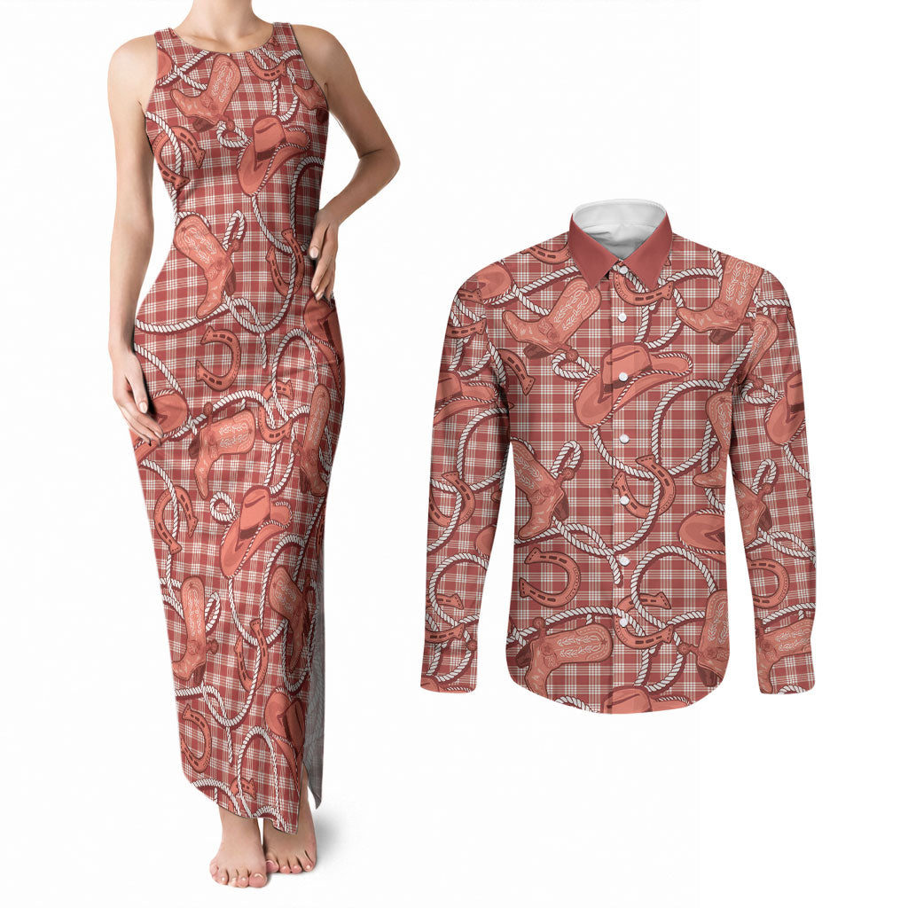 Red Hawaii Palaka Cowboy Couples Matching Tank Maxi Dress and Long Sleeve Button Shirt Hawaiian Paniolo Festival Spirit