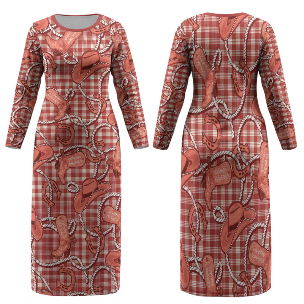 Red Hawaii Palaka Cowboy Family Matching Long Sleeve Bodycon Dress and Hawaiian Shirt Hawaiian Paniolo Festival Spirit LT19 Mom's Dress Red - Polynesian Pride