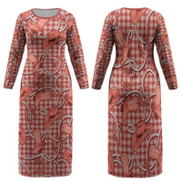 Red Hawaii Palaka Cowboy Family Matching Long Sleeve Bodycon Dress and Hawaiian Shirt Hawaiian Paniolo Festival Spirit LT19 Mom's Dress Red - Polynesian Pride