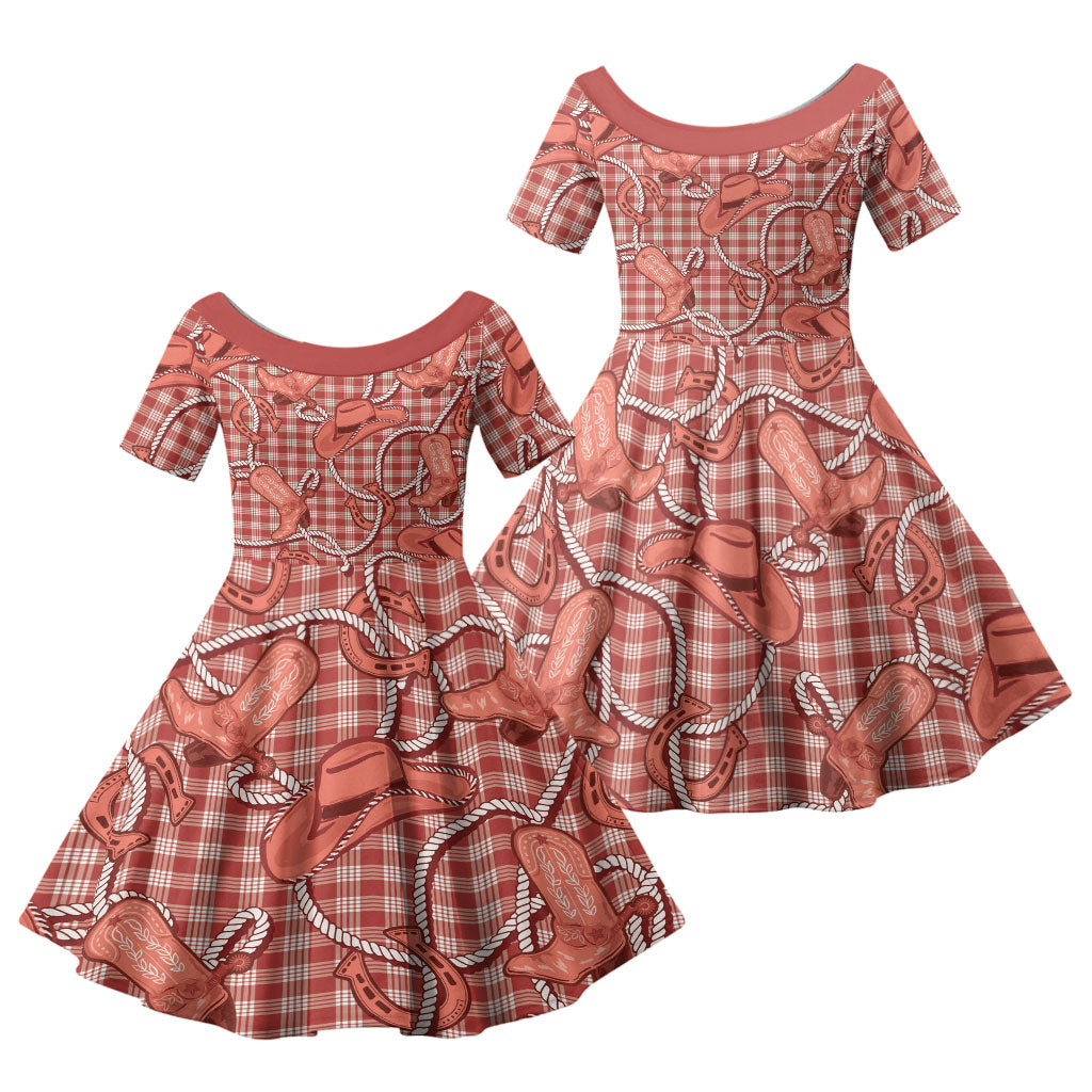 Red Hawaii Palaka Cowboy Family Matching Off The Shoulder Long Sleeve Dress and Hawaiian Shirt Hawaiian Paniolo Festival Spirit LT19 Daughter's Dress Red - Polynesian Pride