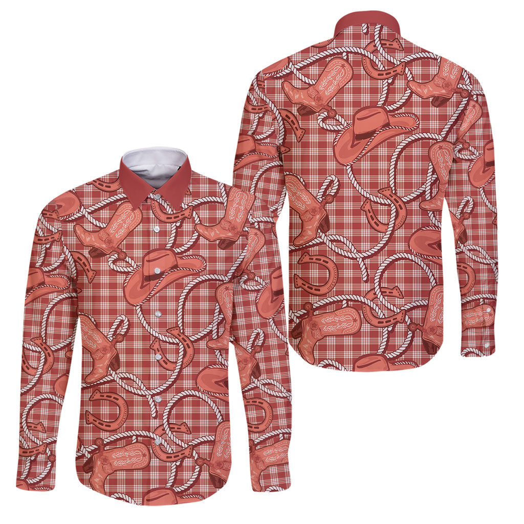 Red Hawaii Palaka Cowboy Family Matching Off Shoulder Maxi Dress and Hawaiian Shirt Hawaiian Paniolo Festival Spirit LT19 Dad's Shirt - Long Sleeve Red - Polynesian Pride