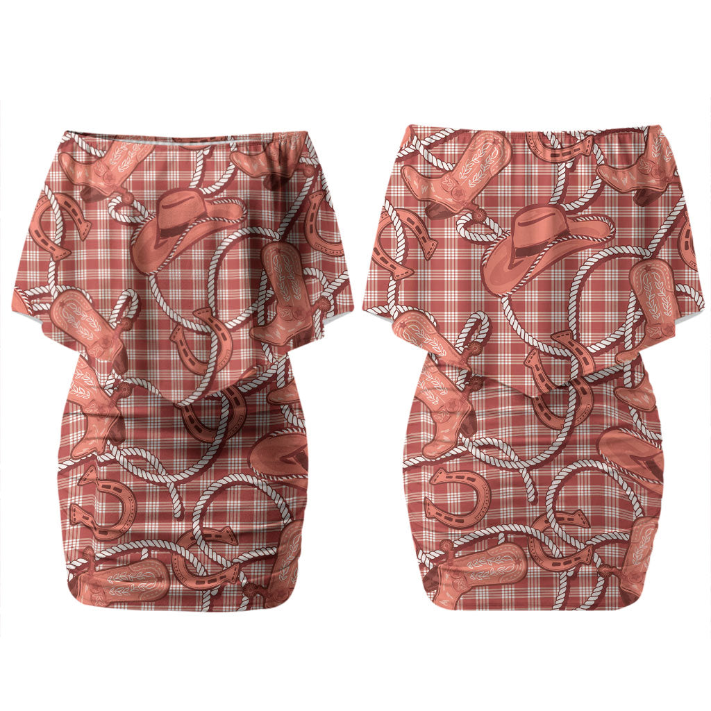 Red Hawaii Palaka Cowboy Family Matching Off Shoulder Short Dress and Hawaiian Shirt Hawaiian Paniolo Festival Spirit LT19 Mom's Dress Red - Polynesian Pride
