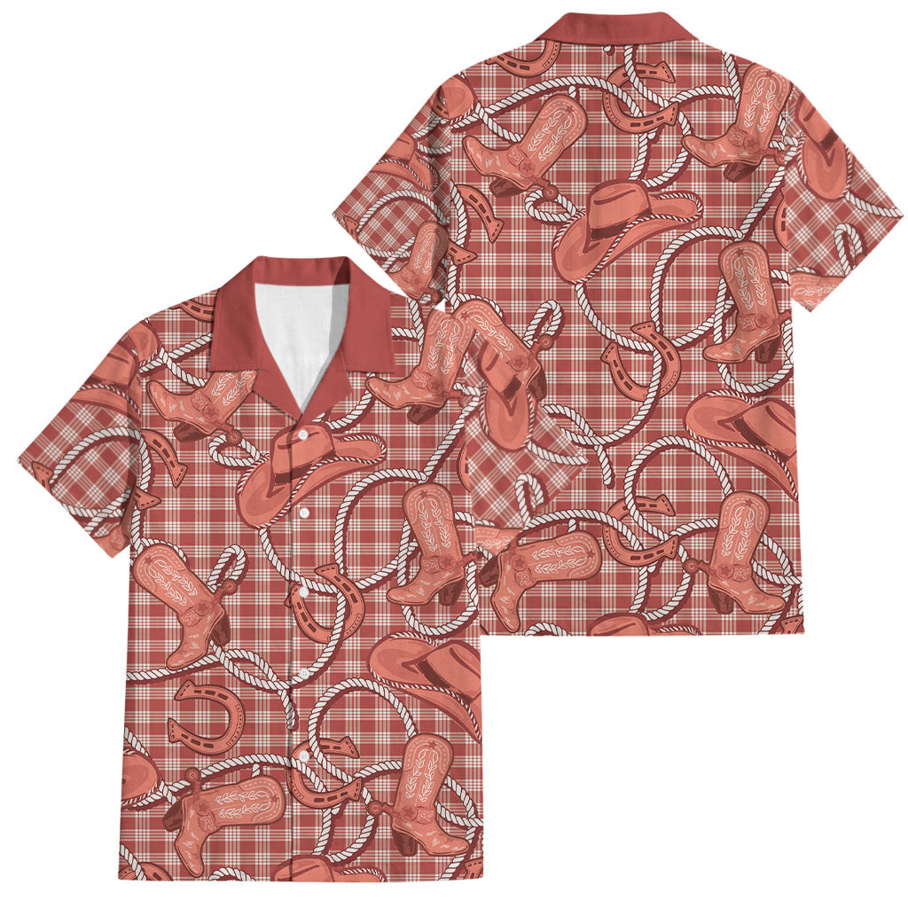 Red Hawaii Palaka Cowboy Family Matching Off Shoulder Short Dress and Hawaiian Shirt Hawaiian Paniolo Festival Spirit LT19 Dad's Shirt - Short Sleeve Red - Polynesian Pride