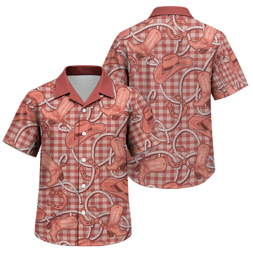 Red Hawaii Palaka Cowboy Family Matching Off Shoulder Short Dress and Hawaiian Shirt Hawaiian Paniolo Festival Spirit LT19 Son's Shirt Red - Polynesian Pride