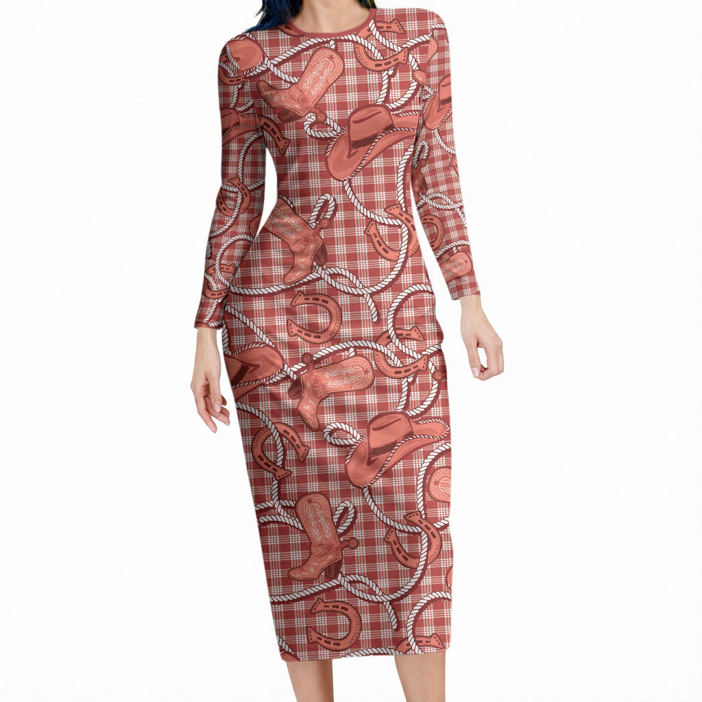 Red Hawaii Palaka Cowboy Long Sleeve Bodycon Dress Hawaiian Paniolo Festival Spirit LT19 Long Dress Red - Polynesian Pride