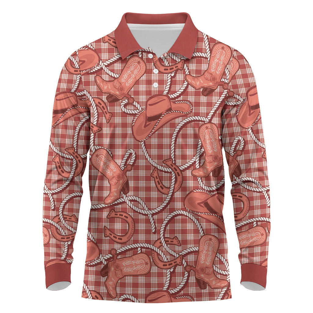 Red Hawaii Palaka Cowboy Long Sleeve Polo Shirt Hawaiian Paniolo Festival Spirit LT19 Red - Polynesian Pride