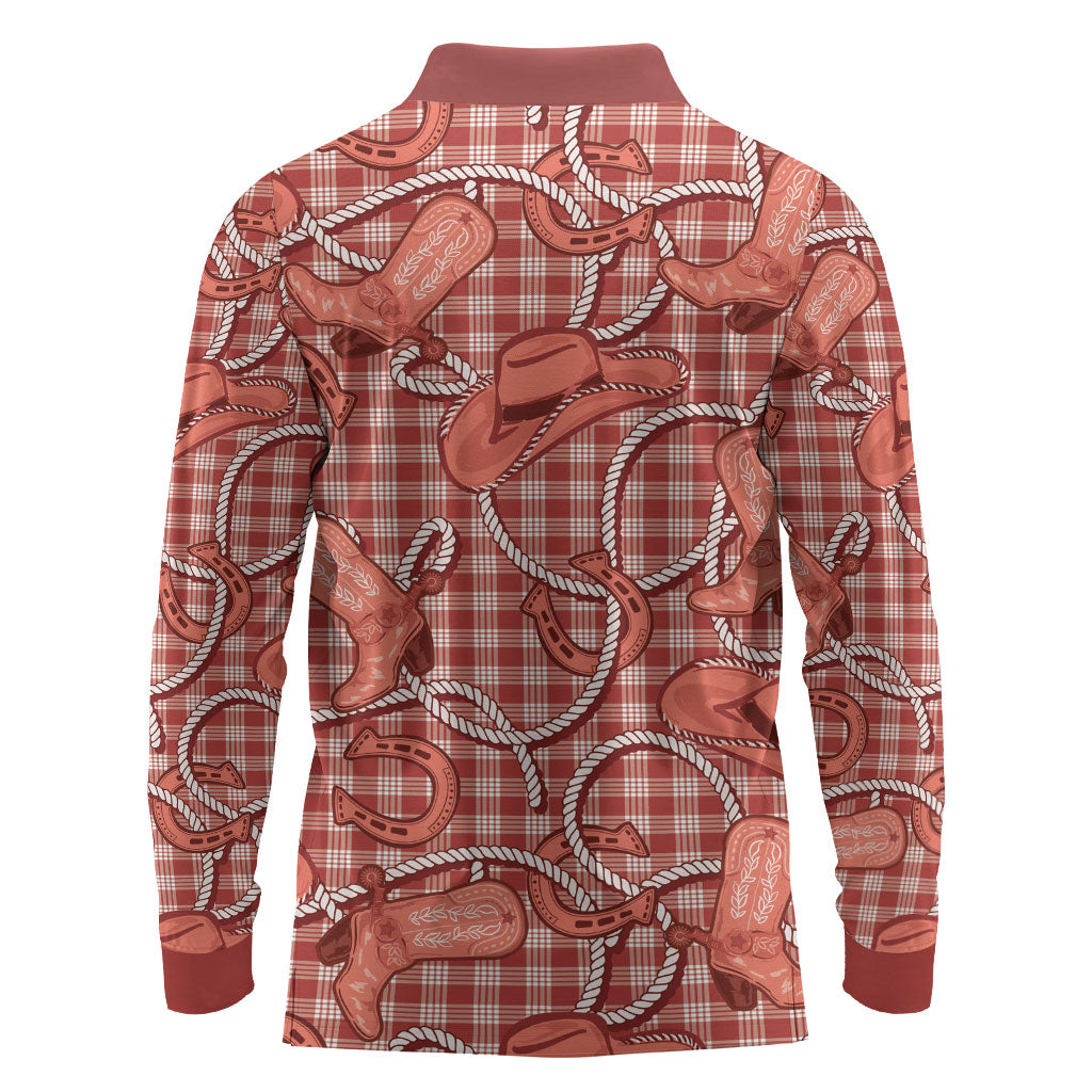 Red Hawaii Palaka Cowboy Long Sleeve Polo Shirt Hawaiian Paniolo Festival Spirit LT19 - Polynesian Pride