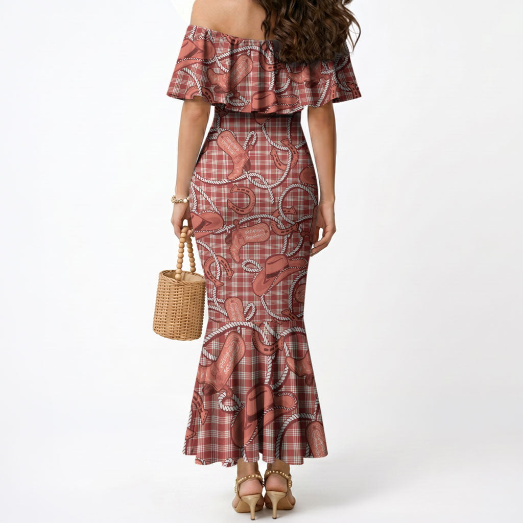 Red Hawaii Palaka Cowboy Mermaid Dress Hawaiian Paniolo Festival Spirit LT19 - Polynesian Pride