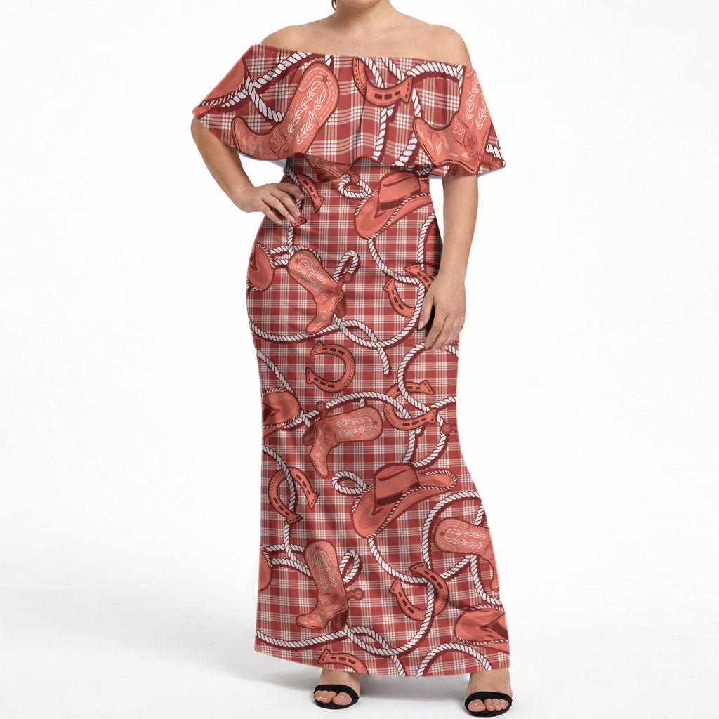 Red Hawaii Palaka Cowboy Off Shoulder Maxi Dress Hawaiian Paniolo Festival Spirit LT19 Women Red - Polynesian Pride