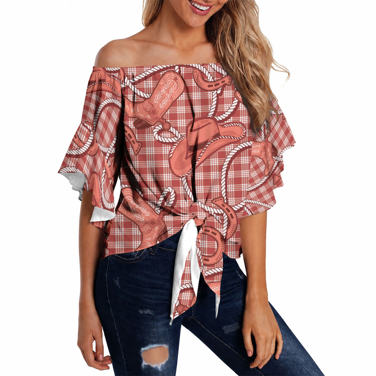Red Hawaii Palaka Cowboy Off Shoulder Wrap Waist Top Hawaiian Paniolo Festival Spirit