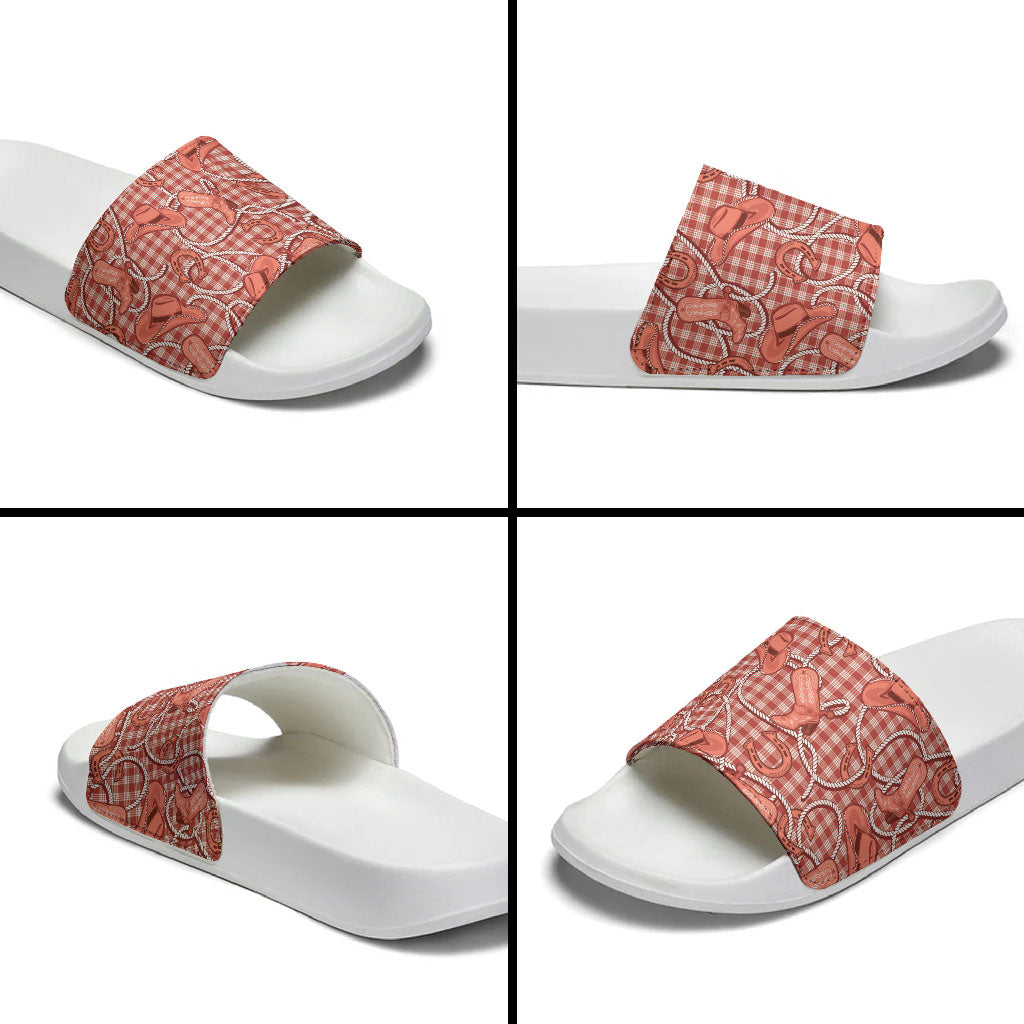 Red Hawaii Palaka Cowboy Slide Sandals Hawaiian Paniolo Festival Spirit LT19 - Polynesian Pride