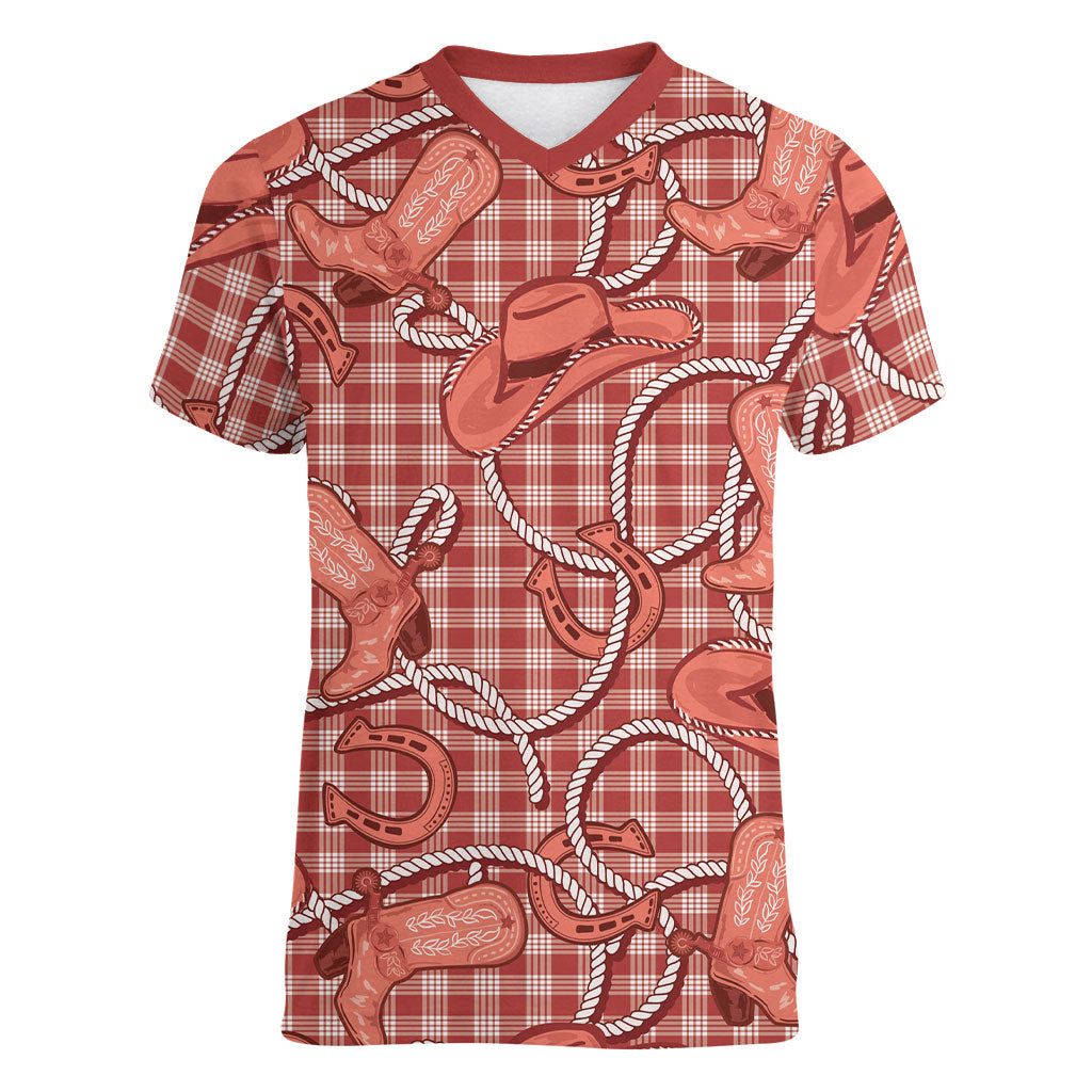 Red Hawaii Palaka Cowboy Women V-Neck T-Shirt Hawaiian Paniolo Festival Spirit