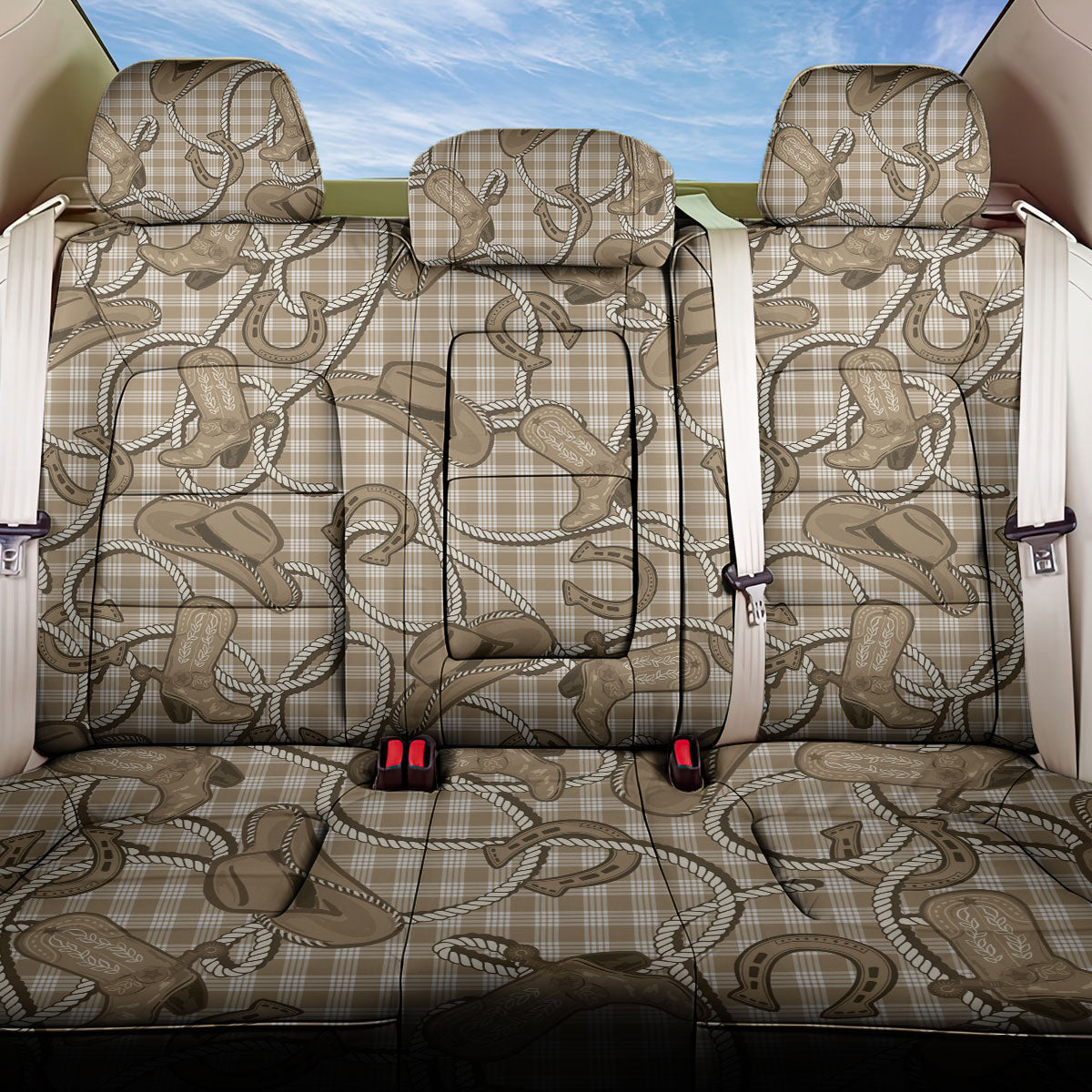 Beige Hawaii Palaka Cowboy Back Car Seat Cover Hawaiian Paniolo Festival Spirit LT19 One Size Beige - Polynesian Pride