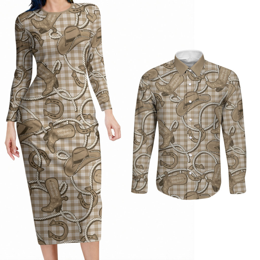 Beige Hawaii Palaka Cowboy Couples Matching Long Sleeve Bodycon Dress and Long Sleeve Button Shirt Hawaiian Paniolo Festival Spirit LT19 Beige - Polynesian Pride