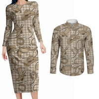 Beige Hawaii Palaka Cowboy Couples Matching Long Sleeve Bodycon Dress and Long Sleeve Button Shirt Hawaiian Paniolo Festival Spirit LT19 Beige - Polynesian Pride