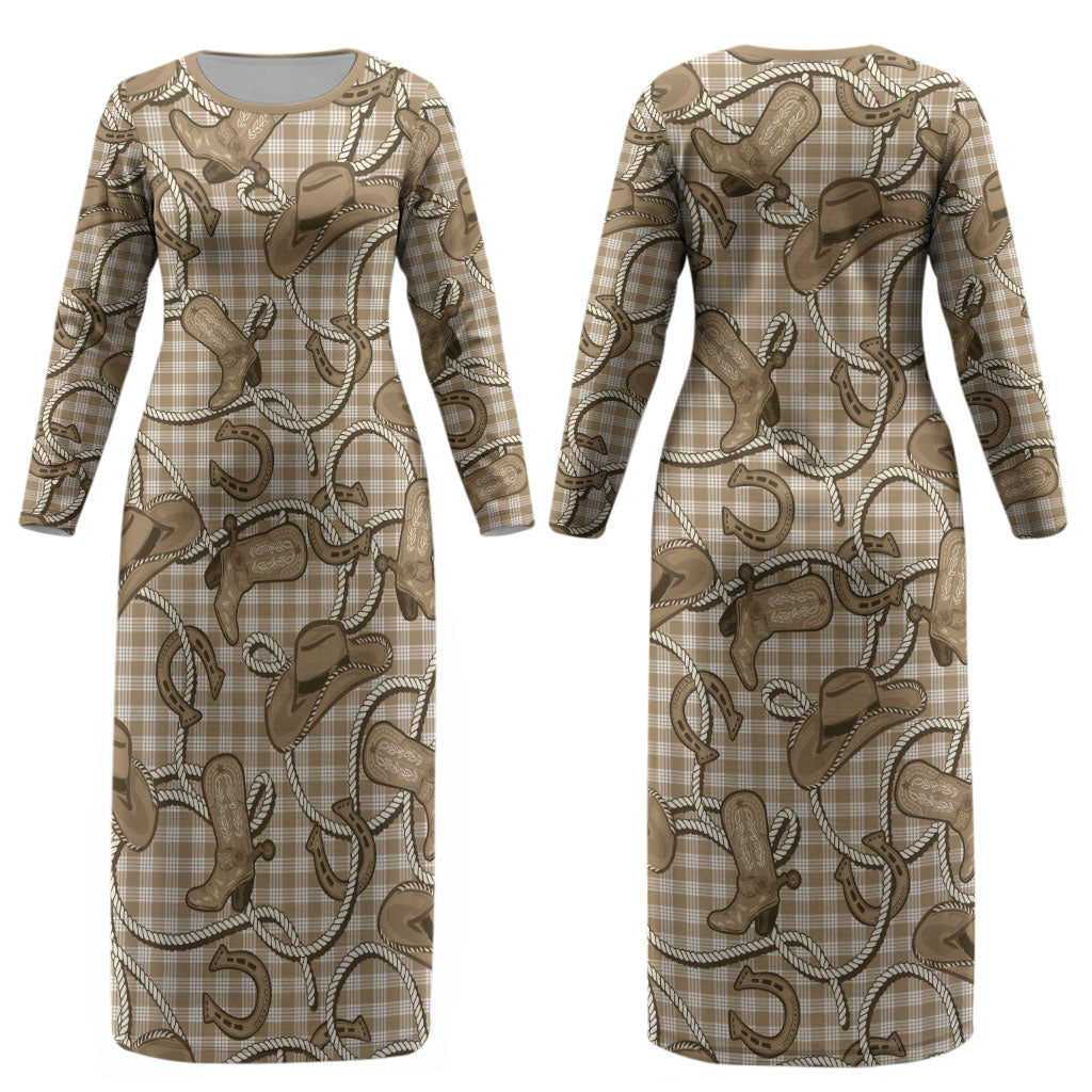 Beige Hawaii Palaka Cowboy Couples Matching Long Sleeve Bodycon Dress and Long Sleeve Button Shirt Hawaiian Paniolo Festival Spirit LT19 - Polynesian Pride