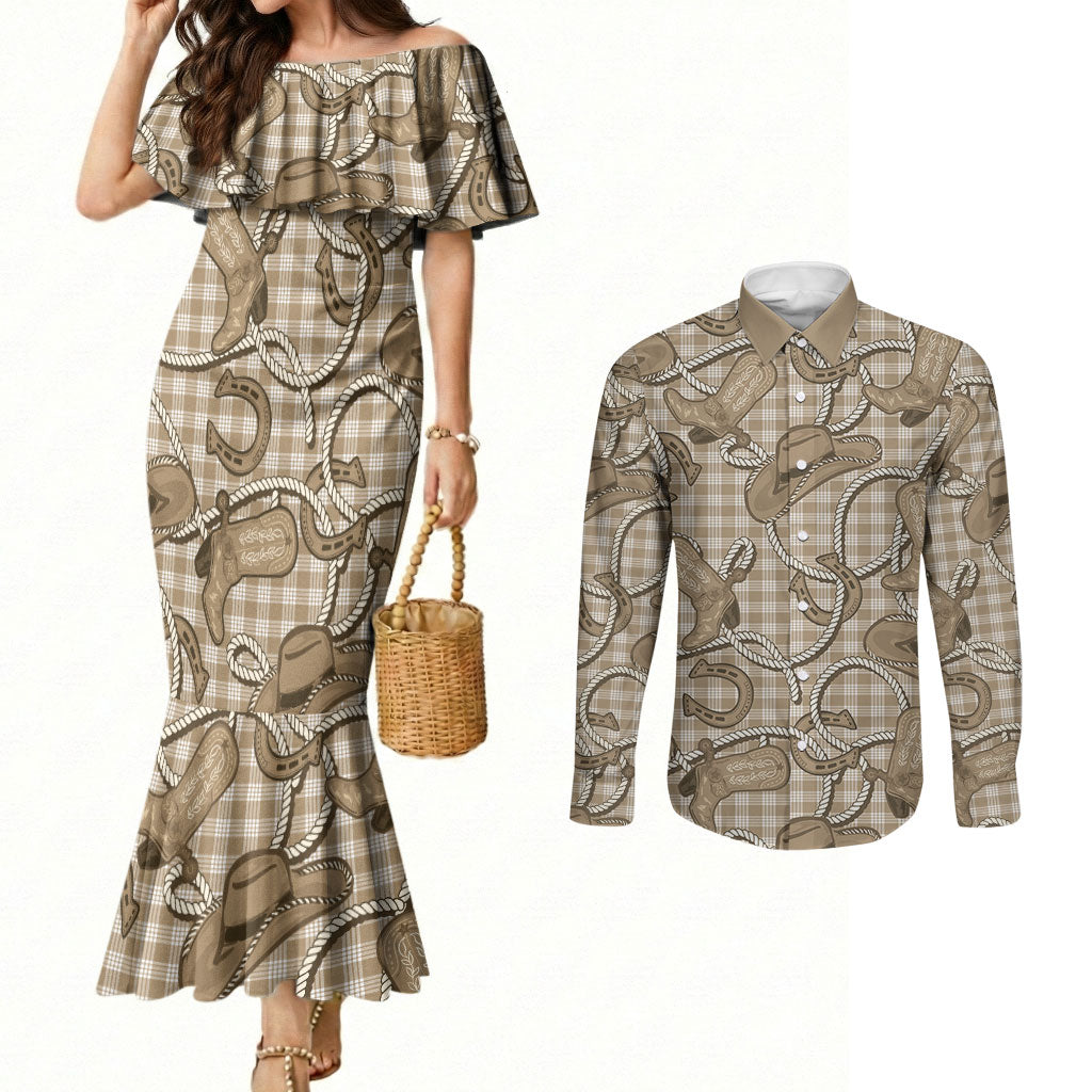 Beige Hawaii Palaka Cowboy Couples Matching Mermaid Dress and Long Sleeve Button Shirt Hawaiian Paniolo Festival Spirit
