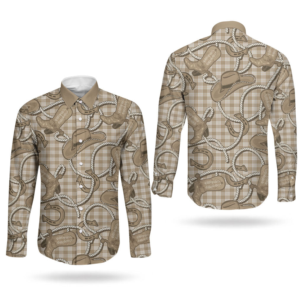 Beige Hawaii Palaka Cowboy Couples Matching Mermaid Dress and Long Sleeve Button Shirt Hawaiian Paniolo Festival Spirit LT19 - Polynesian Pride