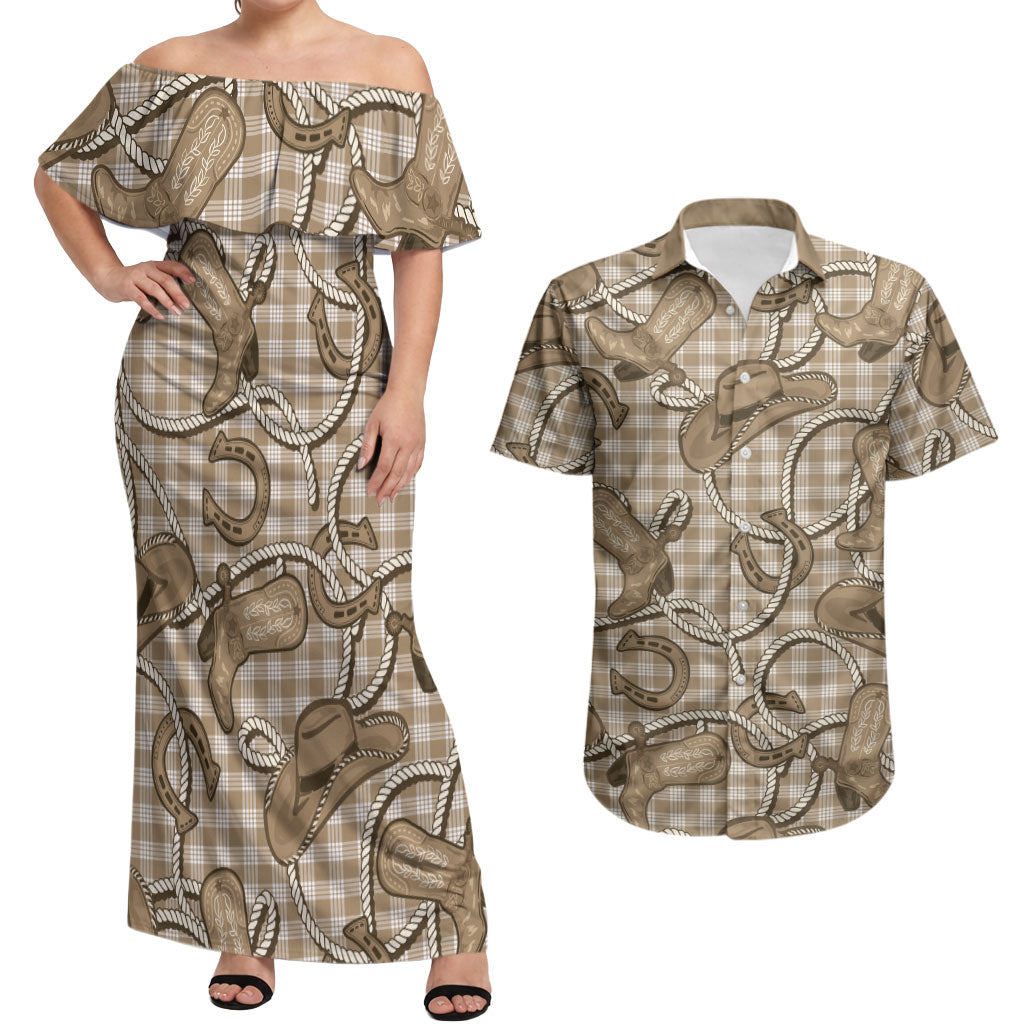 Beige Hawaii Palaka Cowboy Couples Matching Off Shoulder Maxi Dress and Hawaiian Shirt Hawaiian Paniolo Festival Spirit