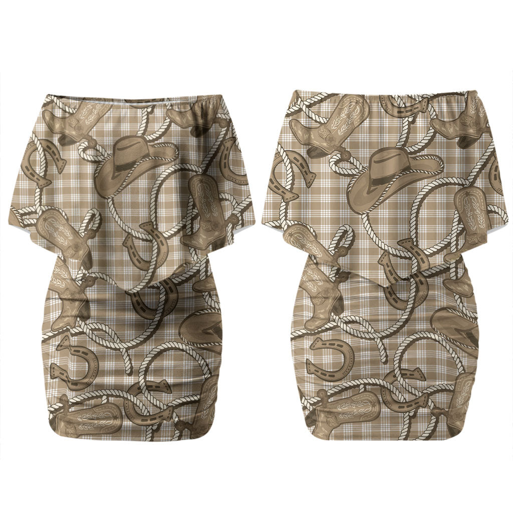 Beige Hawaii Palaka Cowboy Couples Matching Off Shoulder Short Dress and Hawaiian Shirt Hawaiian Paniolo Festival Spirit LT19 - Polynesian Pride