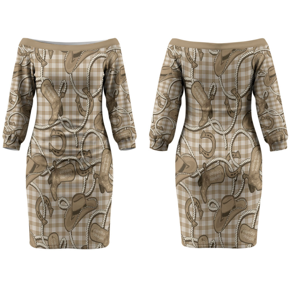 Beige Hawaii Palaka Cowboy Couples Matching Off The Shoulder Long Sleeve Dress and Hawaiian Shirt Hawaiian Paniolo Festival Spirit LT19 - Polynesian Pride