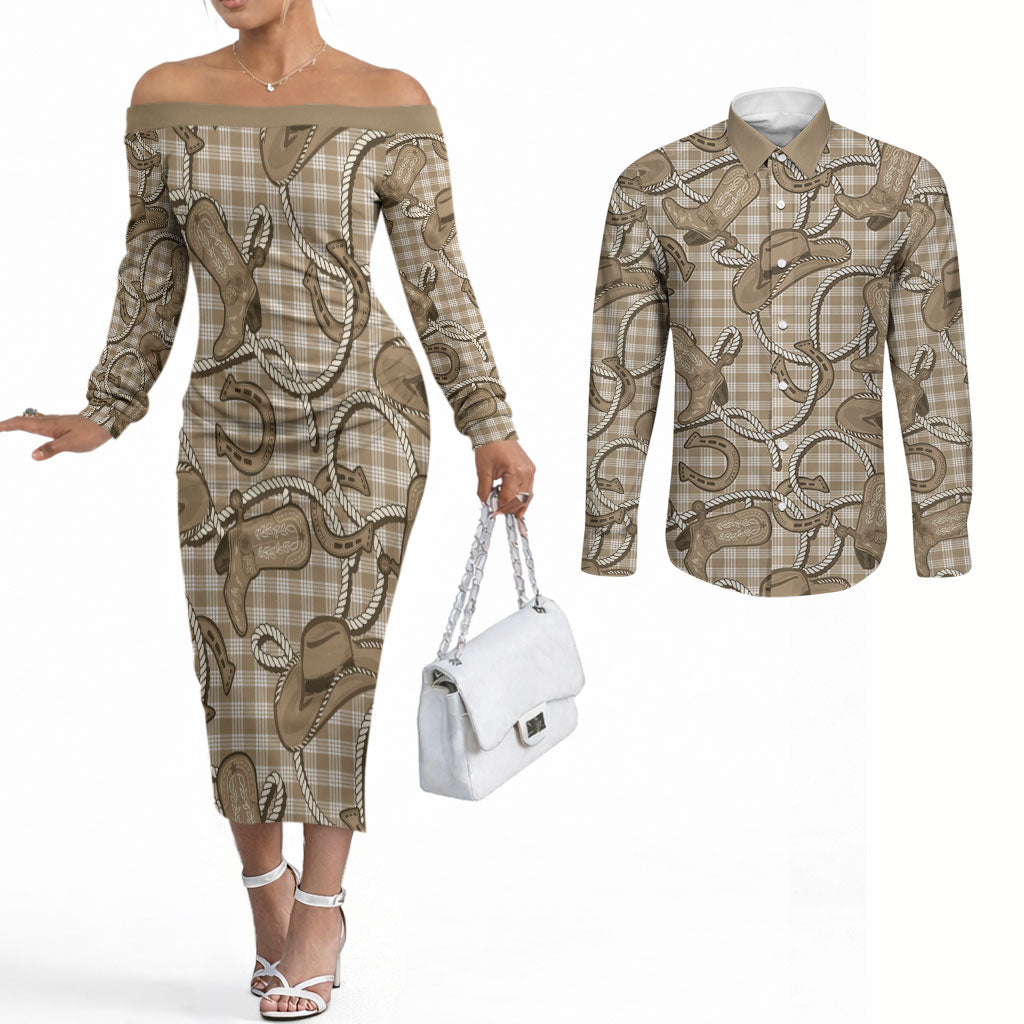 Beige Hawaii Palaka Cowboy Couples Matching Off The Shoulder Long Sleeve Dress and Long Sleeve Button Shirt Hawaiian Paniolo Festival Spirit