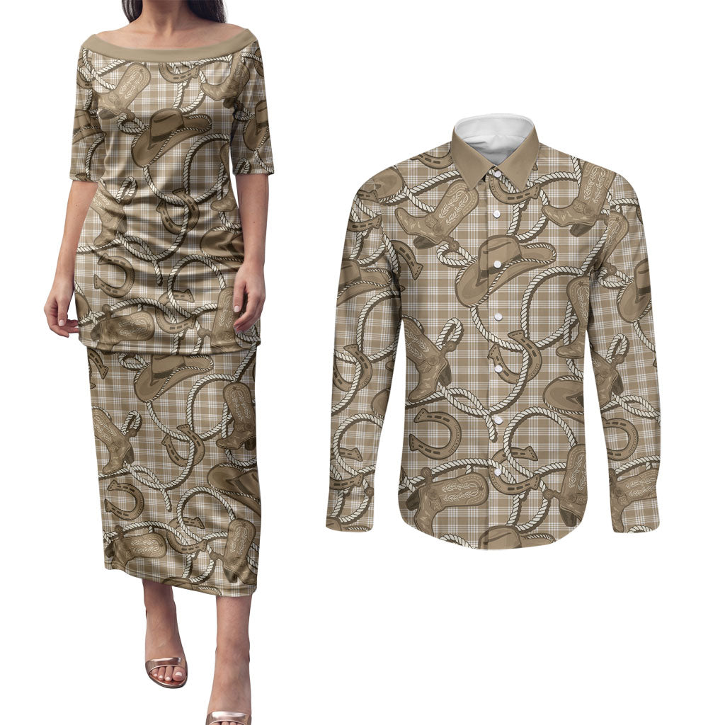 Beige Hawaii Palaka Cowboy Couples Matching Puletasi and Long Sleeve Button Shirt Hawaiian Paniolo Festival Spirit LT19 Beige - Polynesian Pride