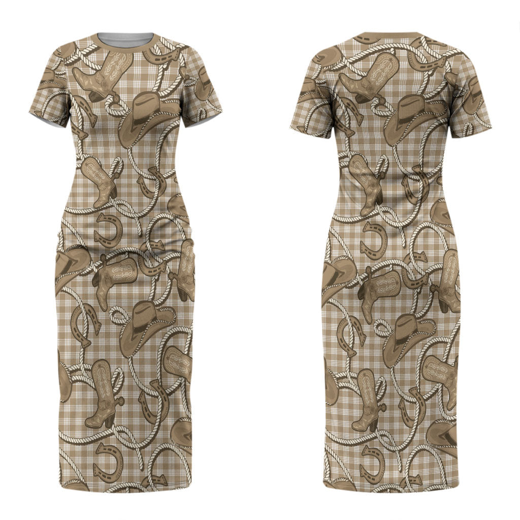 Beige Hawaii Palaka Cowboy Couples Matching Short Sleeve Bodycon Dress and Hawaiian Shirt Hawaiian Paniolo Festival Spirit LT19 - Polynesian Pride