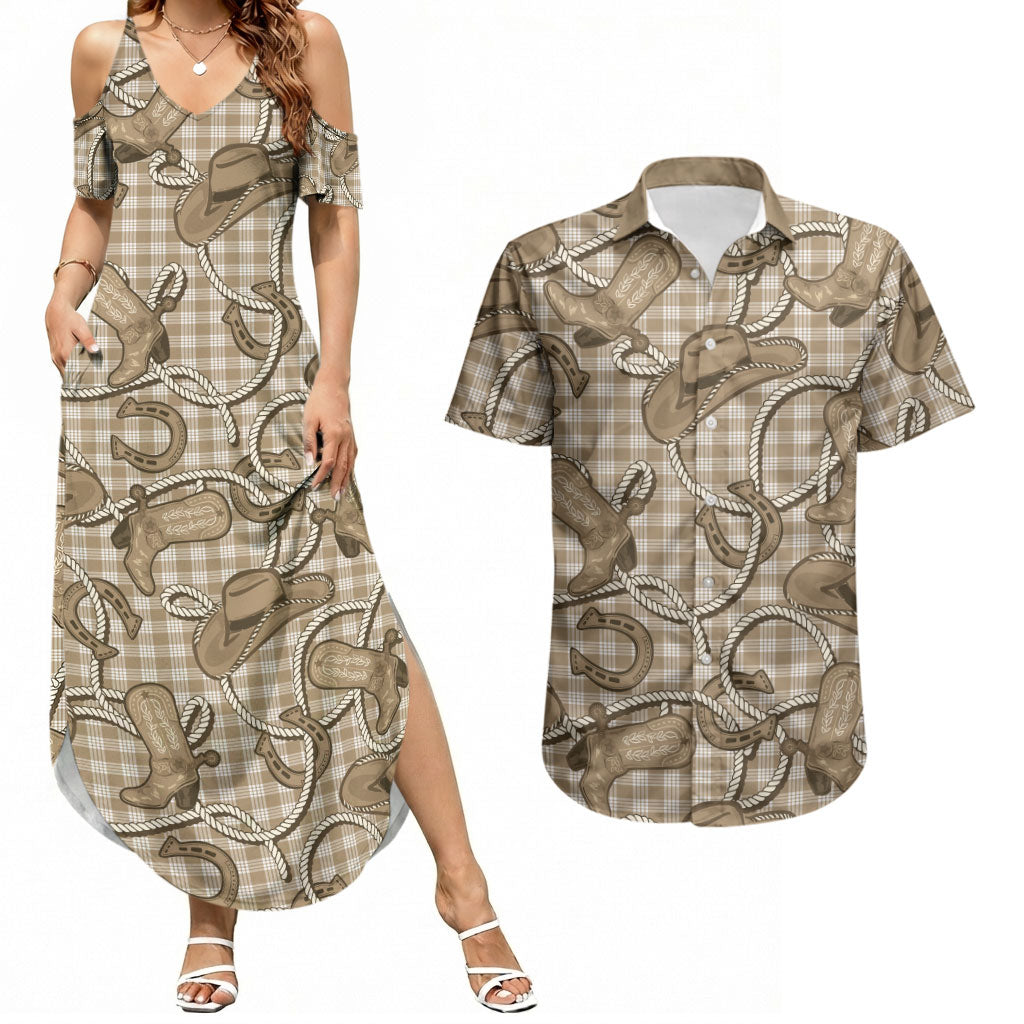 Beige Hawaii Palaka Cowboy Couples Matching Summer Maxi Dress and Hawaiian Shirt Hawaiian Paniolo Festival Spirit
