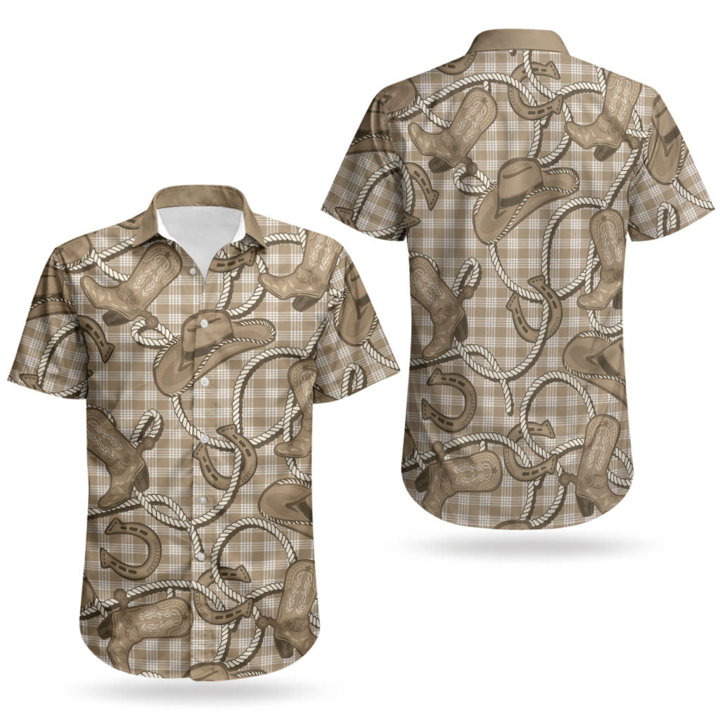 Beige Hawaii Palaka Cowboy Couples Matching Tank Maxi Dress and Hawaiian Shirt Hawaiian Paniolo Festival Spirit LT19 - Polynesian Pride