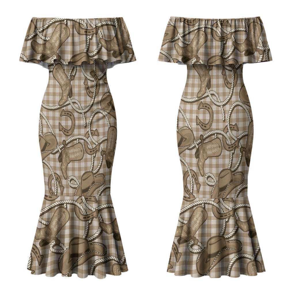 Beige Hawaii Palaka Cowboy Family Matching Mermaid Dress and Hawaiian Shirt Hawaiian Paniolo Festival Spirit LT19 Mom's Dress Beige - Polynesian Pride