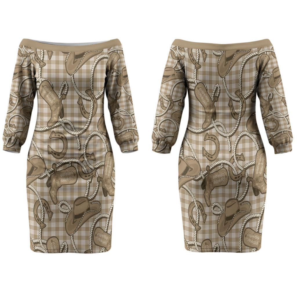 Beige Hawaii Palaka Cowboy Family Matching Off The Shoulder Long Sleeve Dress and Hawaiian Shirt Hawaiian Paniolo Festival Spirit LT19 Mom's Dress Beige - Polynesian Pride