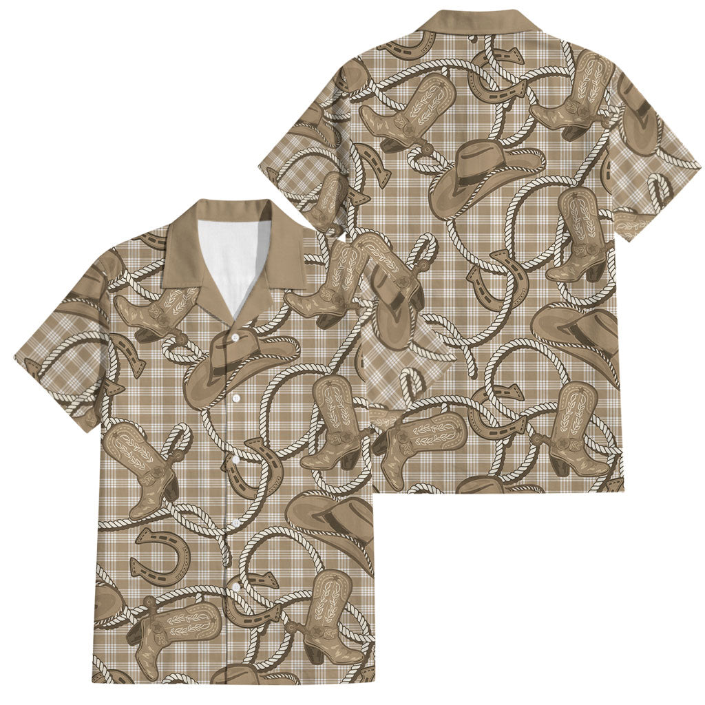 Beige Hawaii Palaka Cowboy Family Matching Off The Shoulder Long Sleeve Dress and Hawaiian Shirt Hawaiian Paniolo Festival Spirit LT19 Dad's Shirt - Short Sleeve Beige - Polynesian Pride