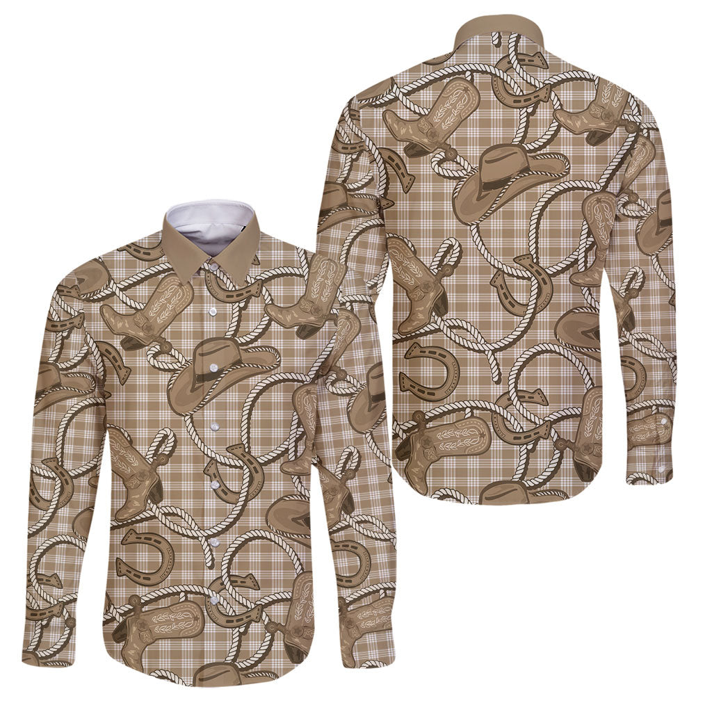 Beige Hawaii Palaka Cowboy Family Matching Off Shoulder Maxi Dress and Hawaiian Shirt Hawaiian Paniolo Festival Spirit LT19 Dad's Shirt - Long Sleeve Beige - Polynesian Pride