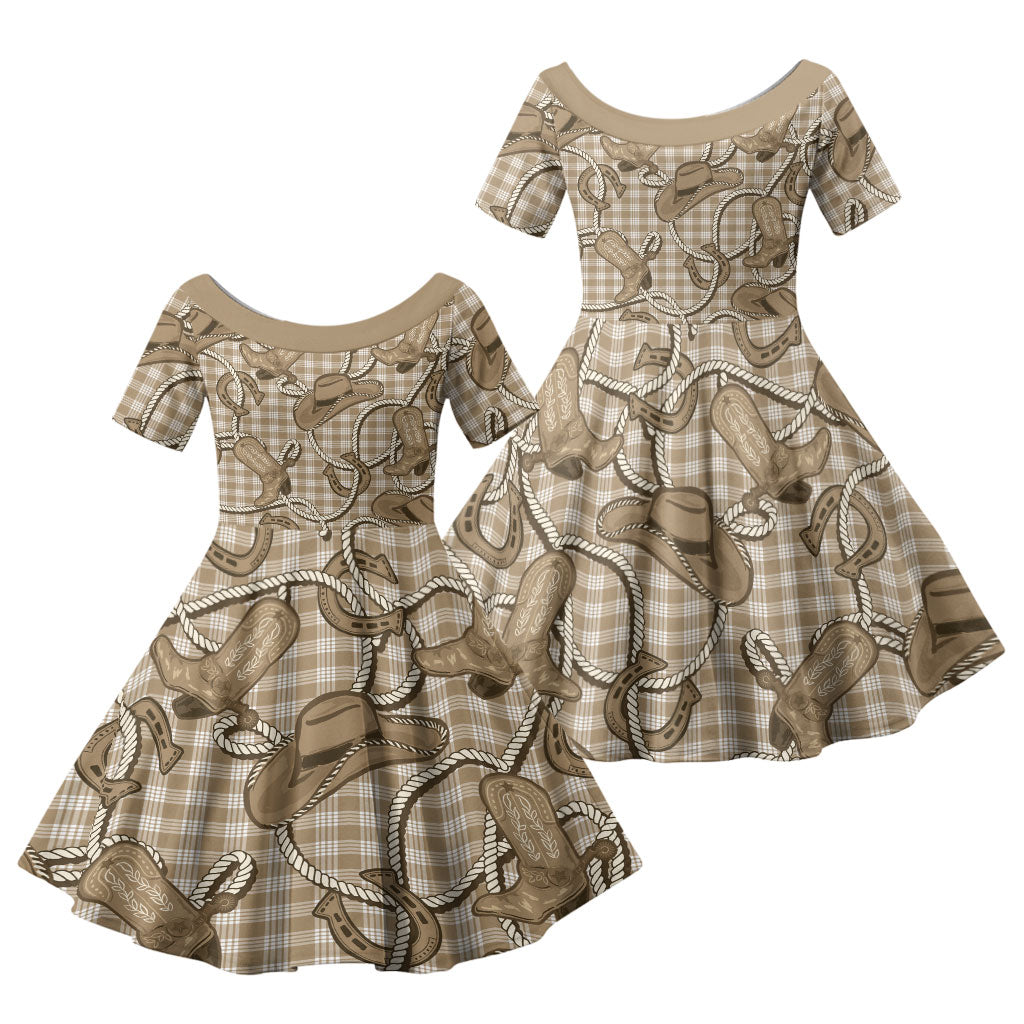 Beige Hawaii Palaka Cowboy Family Matching Off Shoulder Maxi Dress and Hawaiian Shirt Hawaiian Paniolo Festival Spirit LT19 Daughter's Dress Beige - Polynesian Pride
