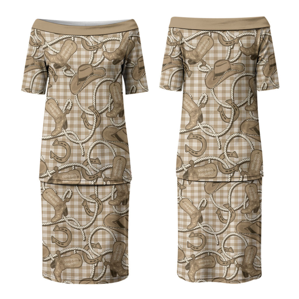 Beige Hawaii Palaka Cowboy Family Matching Puletasi and Hawaiian Shirt Hawaiian Paniolo Festival Spirit LT19 Mom's Dress Beige - Polynesian Pride