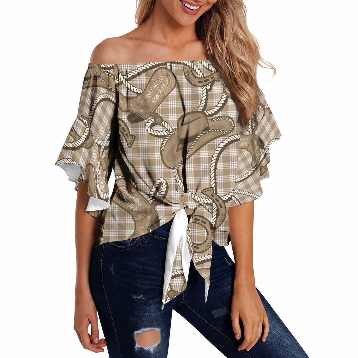 Beige Hawaii Palaka Cowboy Off Shoulder Wrap Waist Top Hawaiian Paniolo Festival Spirit LT19 Beige - Polynesian Pride