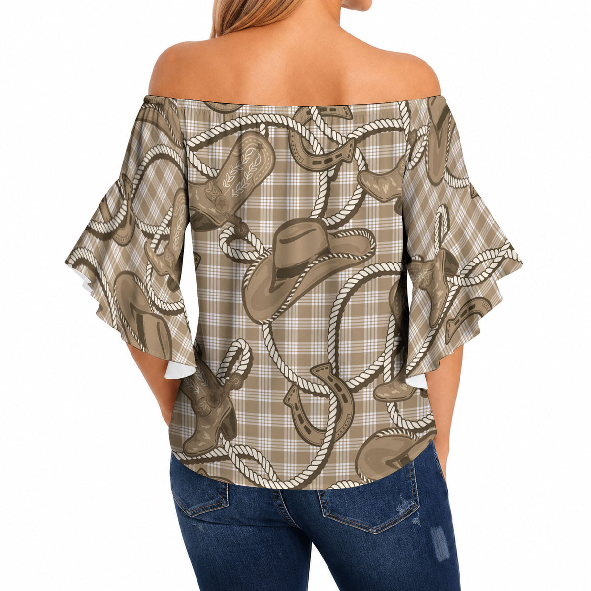 Beige Hawaii Palaka Cowboy Off Shoulder Wrap Waist Top Hawaiian Paniolo Festival Spirit LT19 - Polynesian Pride