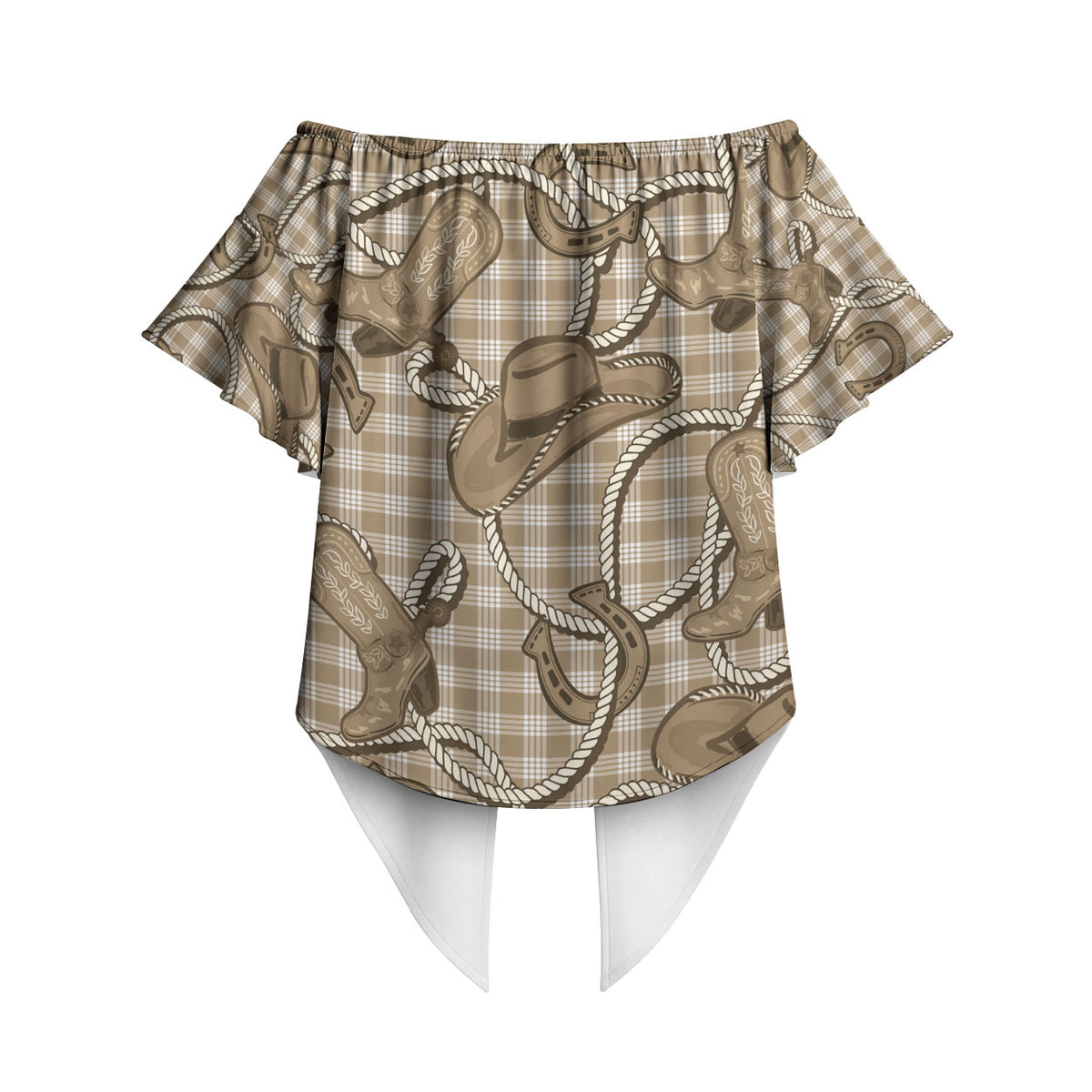 Beige Hawaii Palaka Cowboy Off Shoulder Wrap Waist Top Hawaiian Paniolo Festival Spirit LT19 - Polynesian Pride