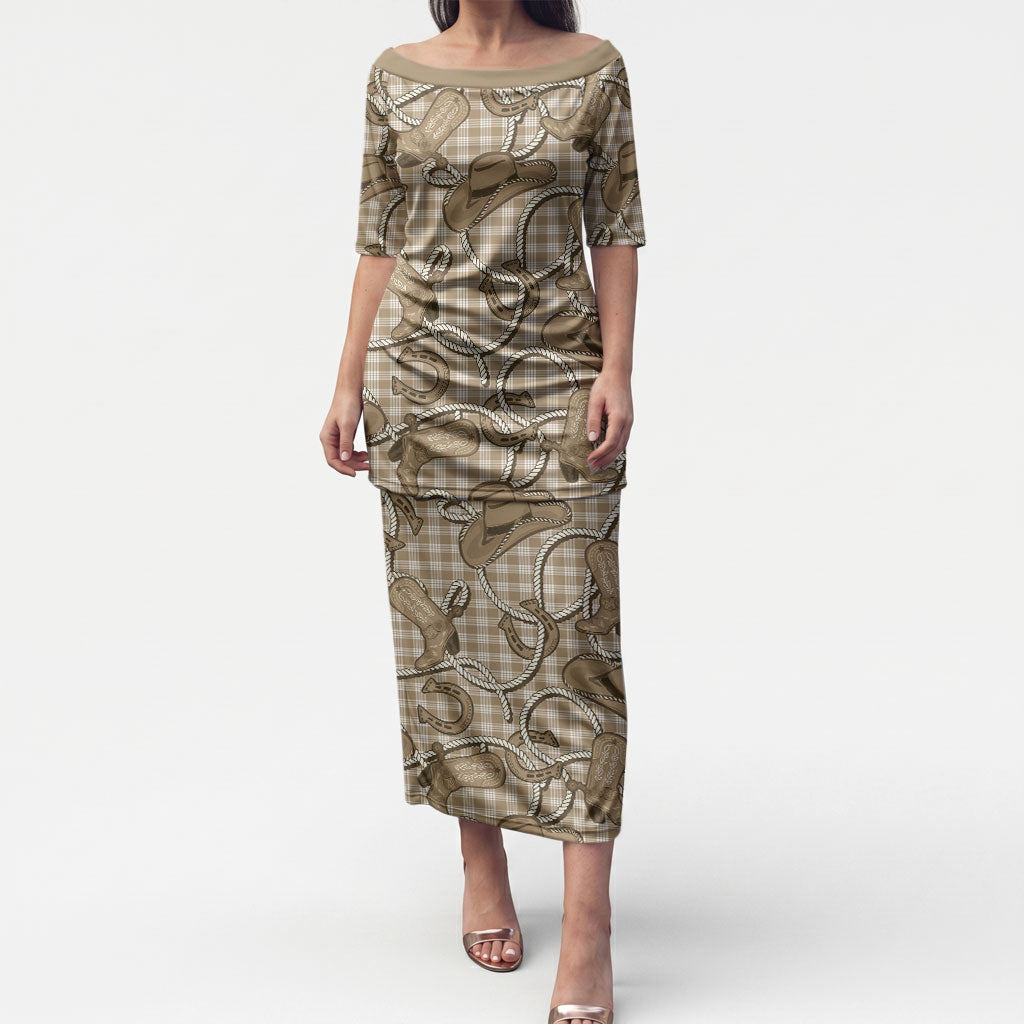 Beige Hawaii Palaka Cowboy Puletasi Hawaiian Paniolo Festival Spirit LT19 Long Dress Beige - Polynesian Pride