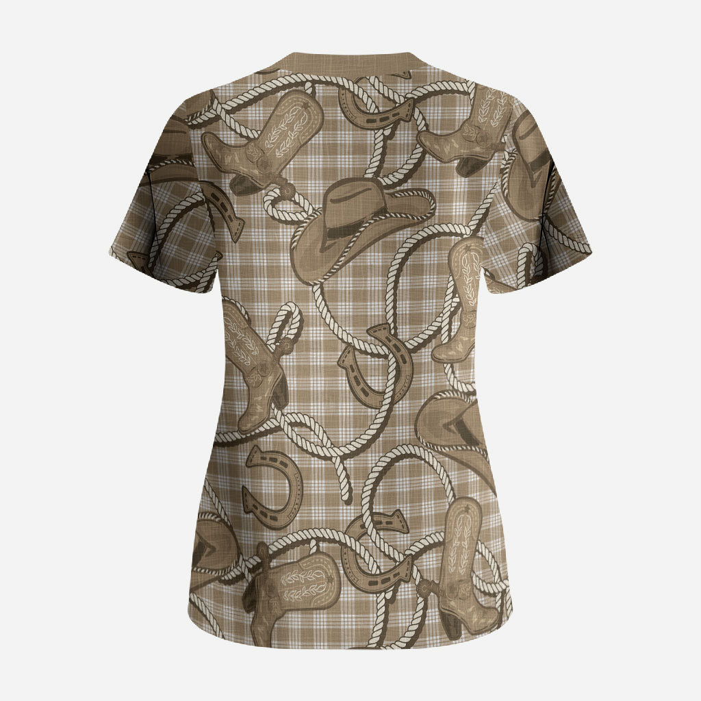 Beige Hawaii Palaka Cowboy Scrub Top Hawaiian Paniolo Festival Spirit LT19 - Polynesian Pride