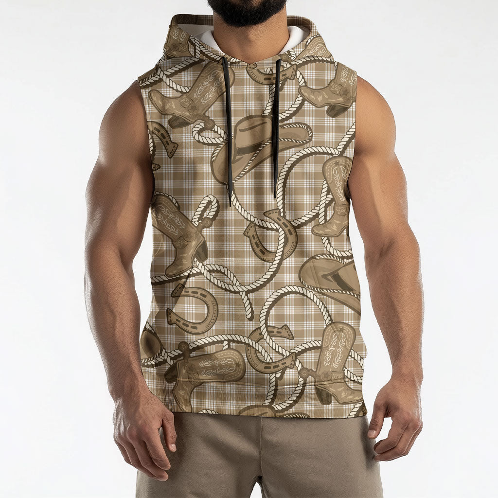 Beige Hawaii Palaka Cowboy Sleeveless Hoodie Hawaiian Paniolo Festival Spirit LT19 - Polynesian Pride