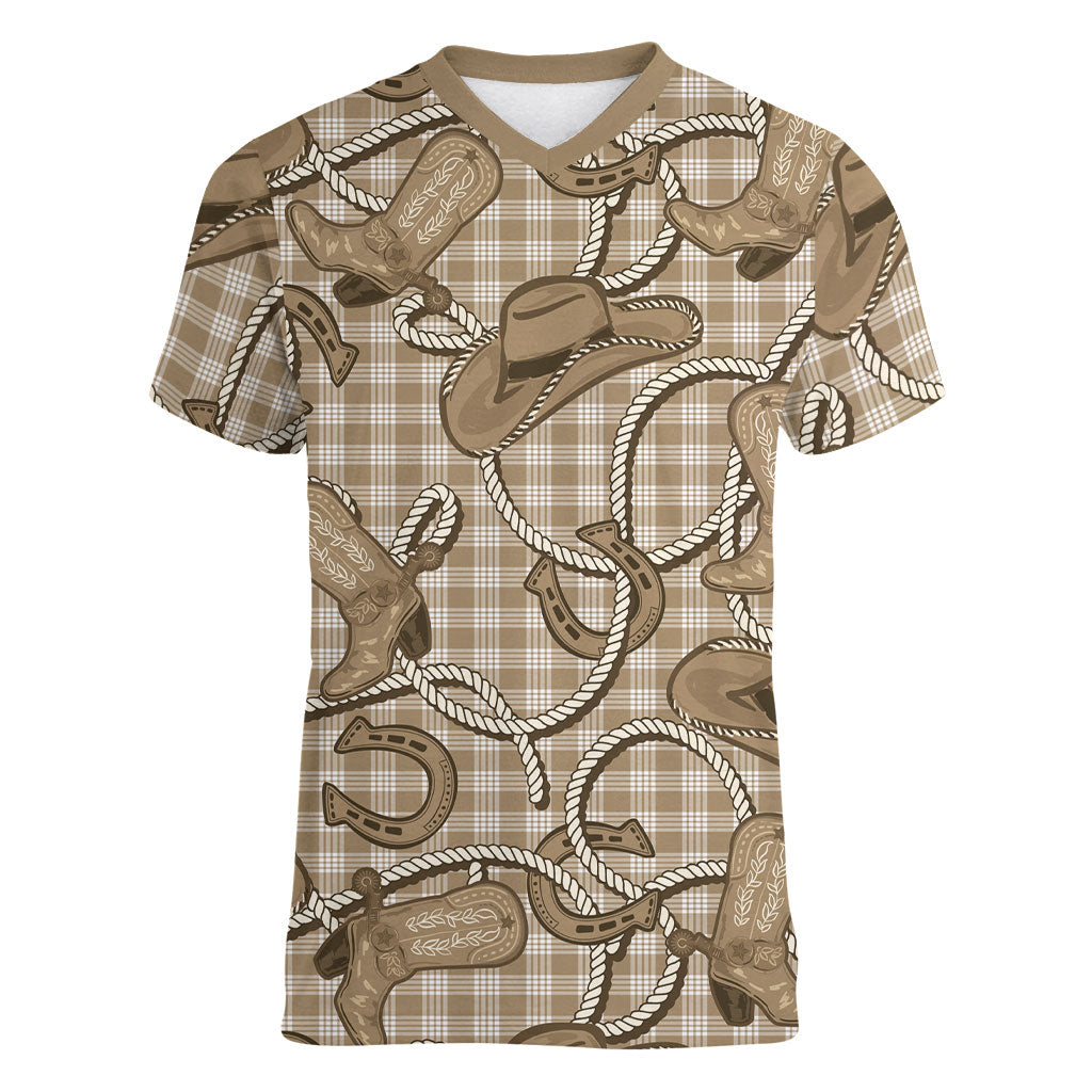 Beige Hawaii Palaka Cowboy Women V-Neck T-Shirt Hawaiian Paniolo Festival Spirit LT19 Female Beige - Polynesian Pride