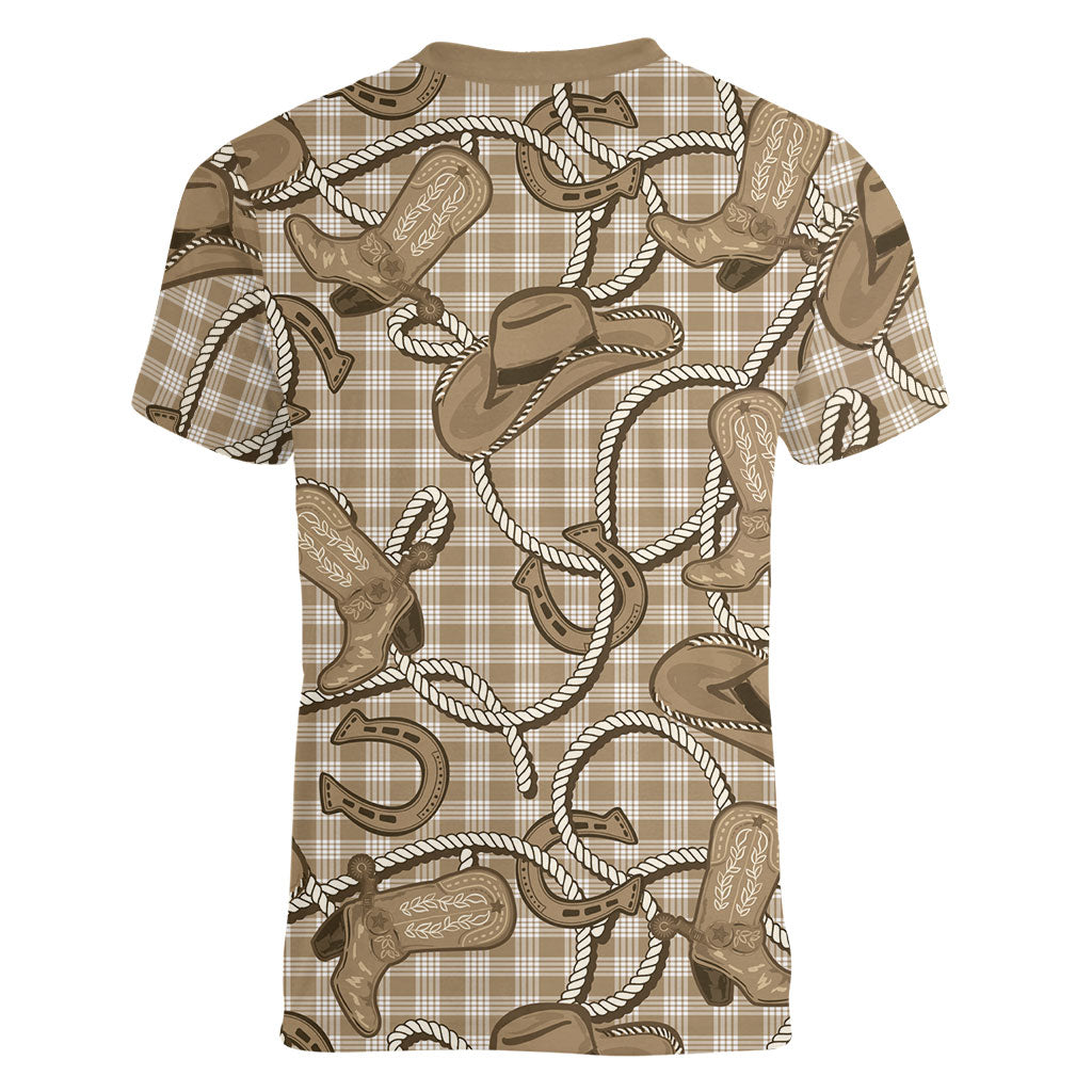 Beige Hawaii Palaka Cowboy Women V-Neck T-Shirt Hawaiian Paniolo Festival Spirit LT19 - Polynesian Pride
