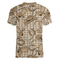 Beige Hawaii Palaka Cowboy Women V-Neck T-Shirt Hawaiian Paniolo Festival Spirit LT19 - Polynesian Pride