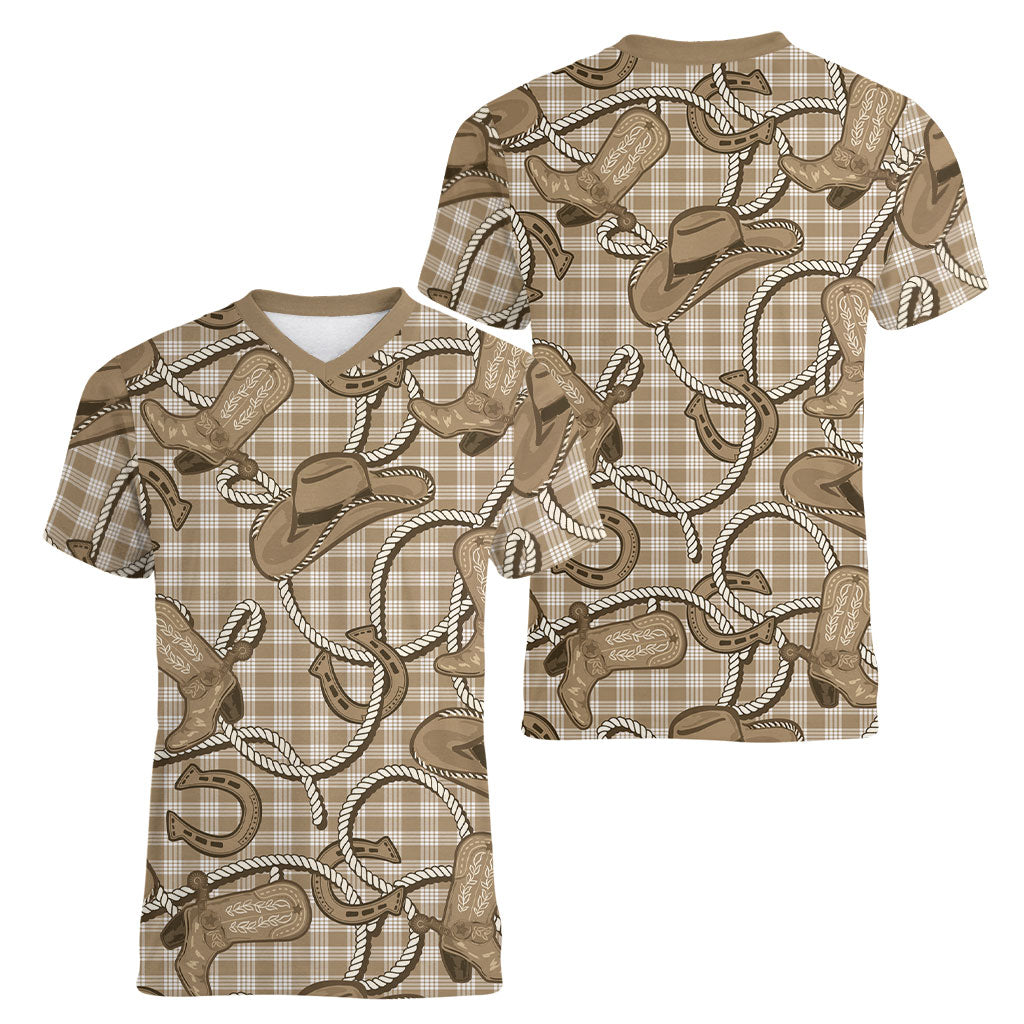 Beige Hawaii Palaka Cowboy Women V-Neck T-Shirt Hawaiian Paniolo Festival Spirit LT19 - Polynesian Pride