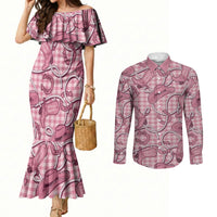 Pink Hawaii Palaka Cowboy Couples Matching Mermaid Dress and Long Sleeve Button Shirt Hawaiian Paniolo Festival Spirit LT19 Pink - Polynesian Pride