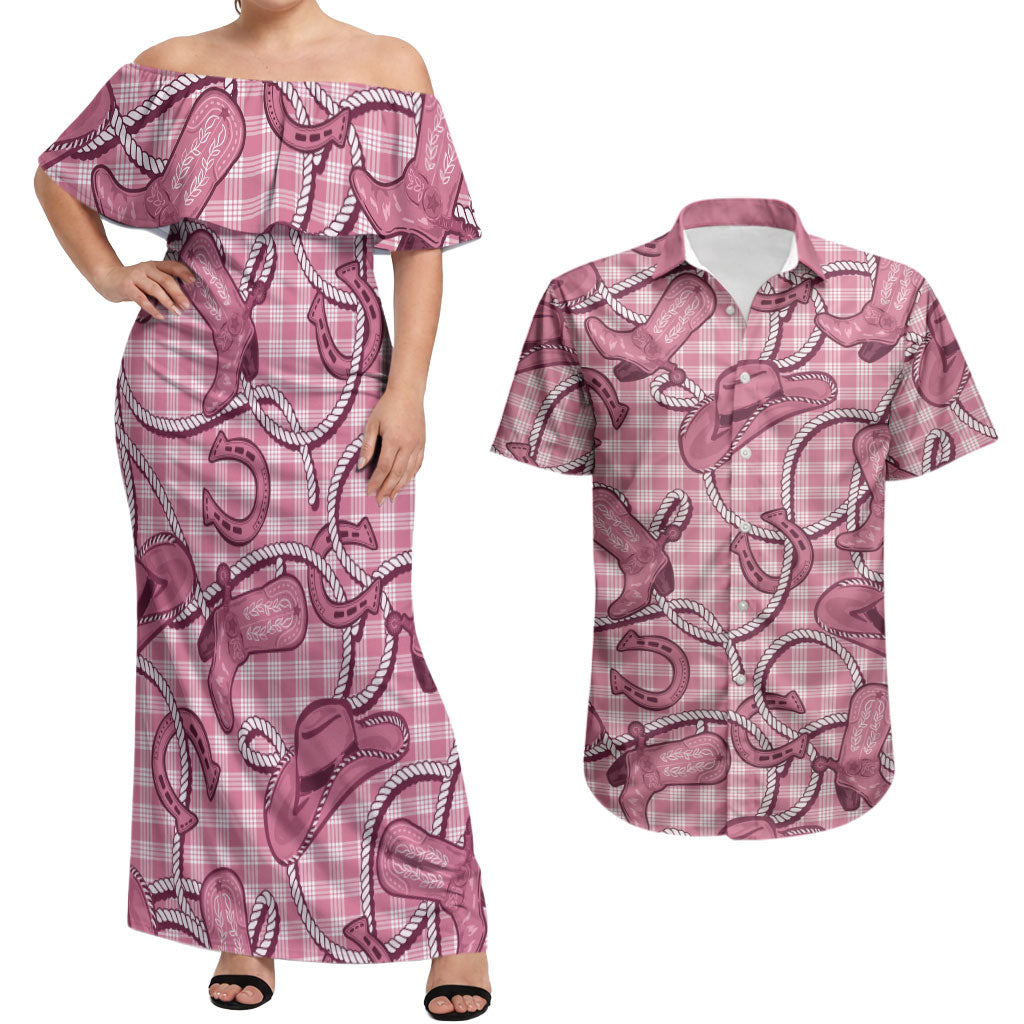 Pink Hawaii Palaka Cowboy Couples Matching Off Shoulder Maxi Dress and Hawaiian Shirt Hawaiian Paniolo Festival Spirit
